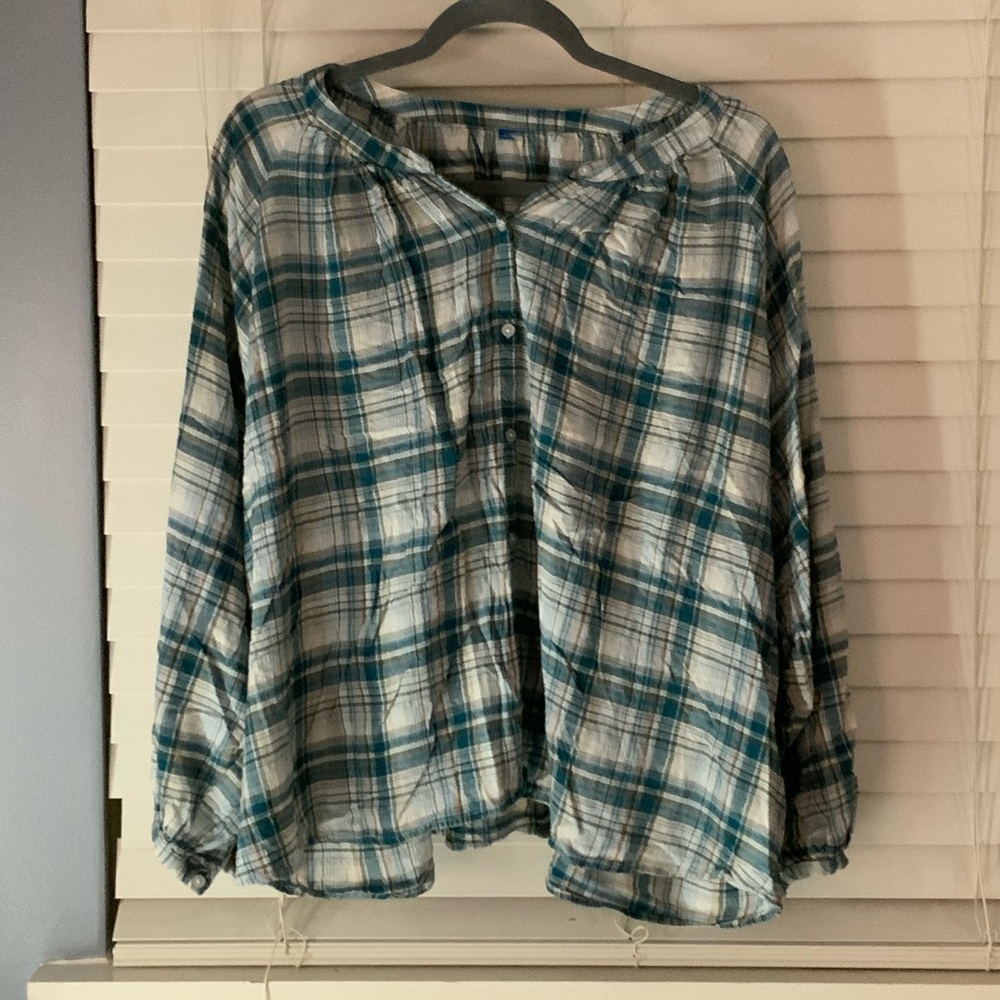 Old Navy Teal and White Plaid Blouse